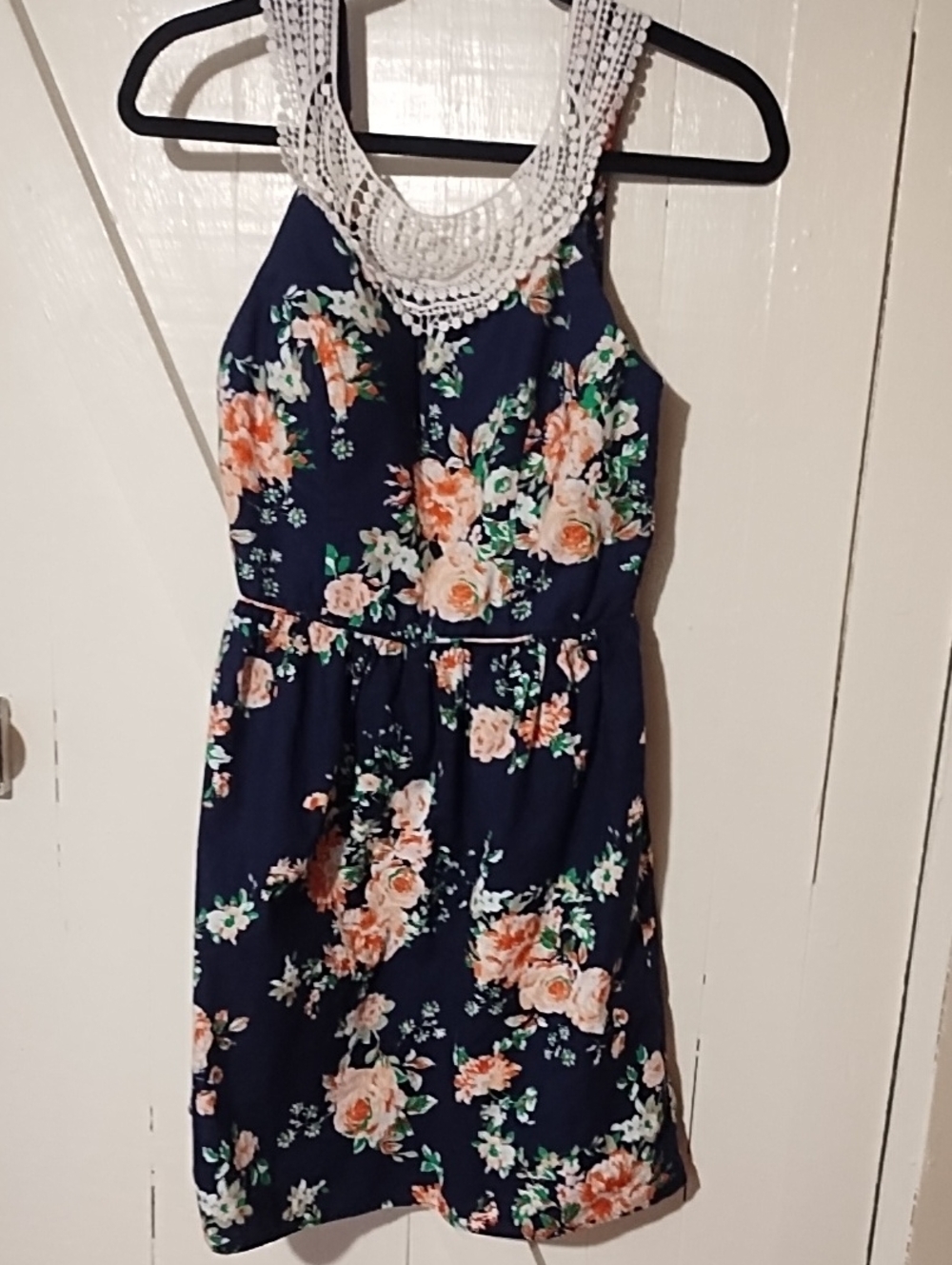 No Boundaries Navy Floral Mini Dress with Crochet Neckline Junior (7-9) Like New